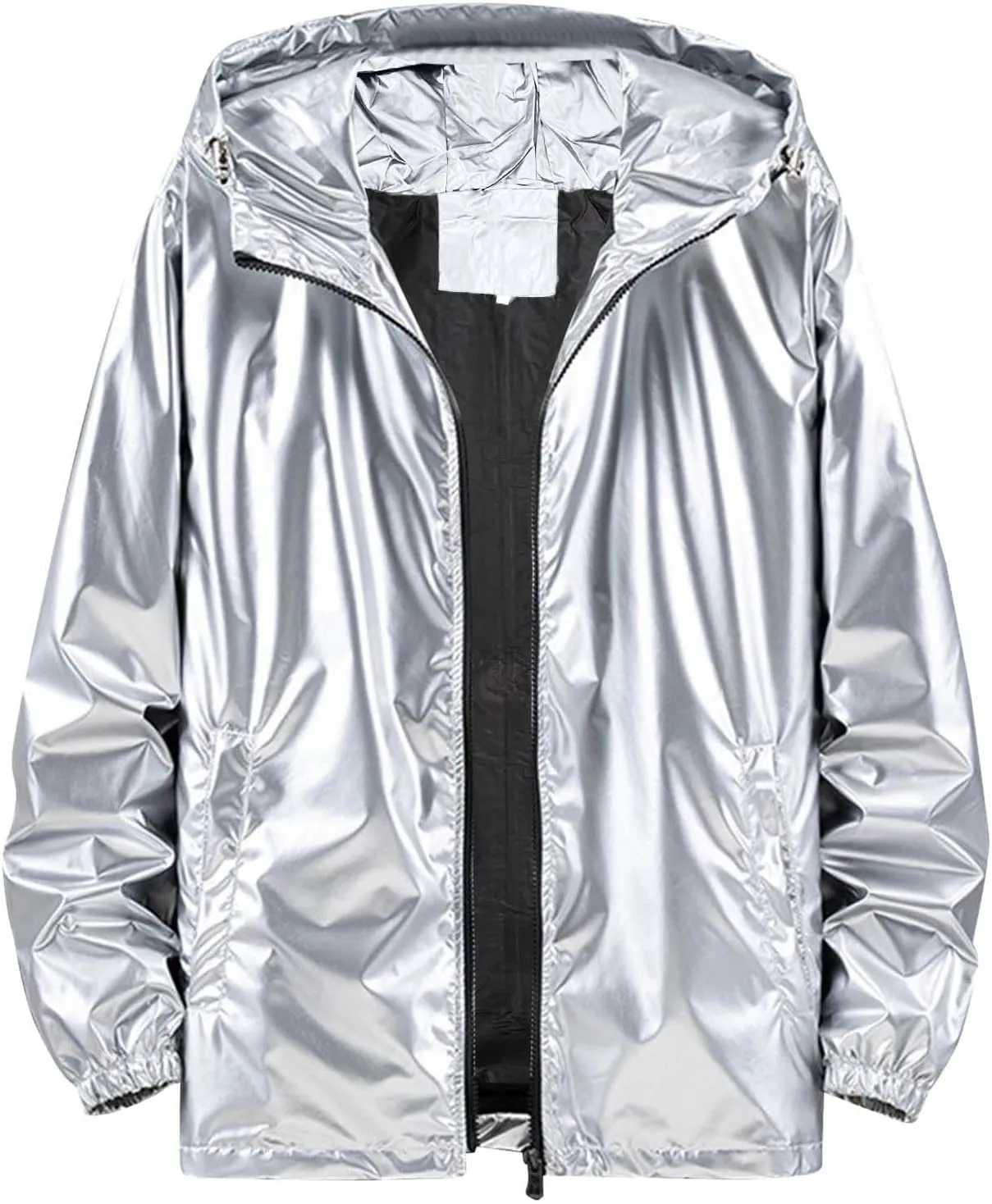 Men's Reflective Trench Jacket Windbreaker Jackets with Hood Lightweight Loose Fit Long Rain Coats Outdoor Jackets