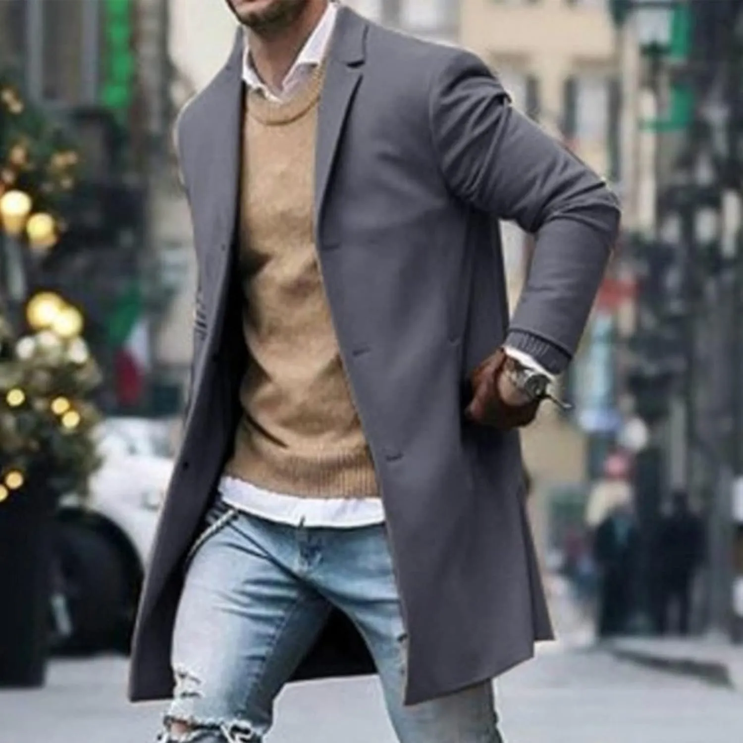 Men's Single-Breasted Mid-Length Suit Jacket Lightweight Trench Coat Long Overcoat Winter Pea Coat Casual Sport Coat