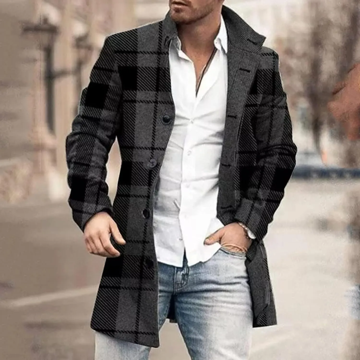 Mens Single Breasted Trench Coat Winter Wool Blend Pea Coat Oversized Warm Lapel Work Business Jacket Outerwear Coats
