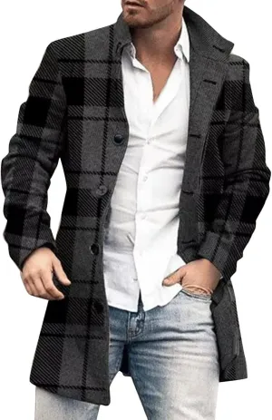 Mens Single Breasted Trench Coat Winter Wool Blend Pea Coat Oversized Warm Lapel Work Business Jacket Outerwear Coats