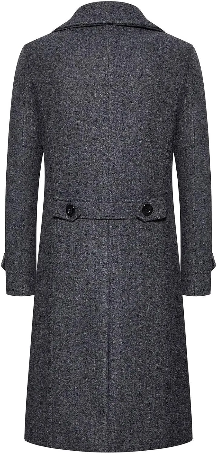 Men's Slim Fit Winter Pea Coat Notched Collar Wool Blend Trench Overcoat with Pockets