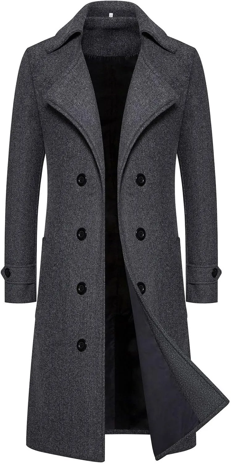 Men's Slim Fit Winter Pea Coat Notched Collar Wool Blend Trench Overcoat with Pockets