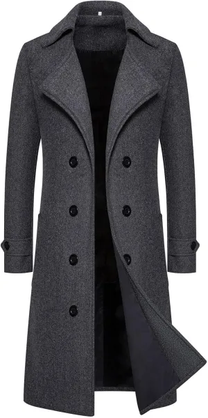 Men's Slim Fit Winter Pea Coat Notched Collar Wool Blend Trench Overcoat with Pockets