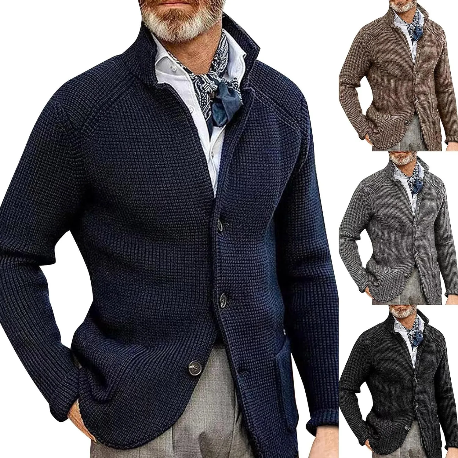 Mens Sweater Blazer Knitted Cardigan Sweater Sport Coat Casual Warm Stand Collar Chunky Button Down Wool Suit Jacket