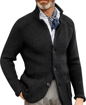 Mens Sweater Blazer Knitted Cardigan Sweater Sport Coat Casual Warm Stand Collar Chunky Button Down Wool Suit Jacket