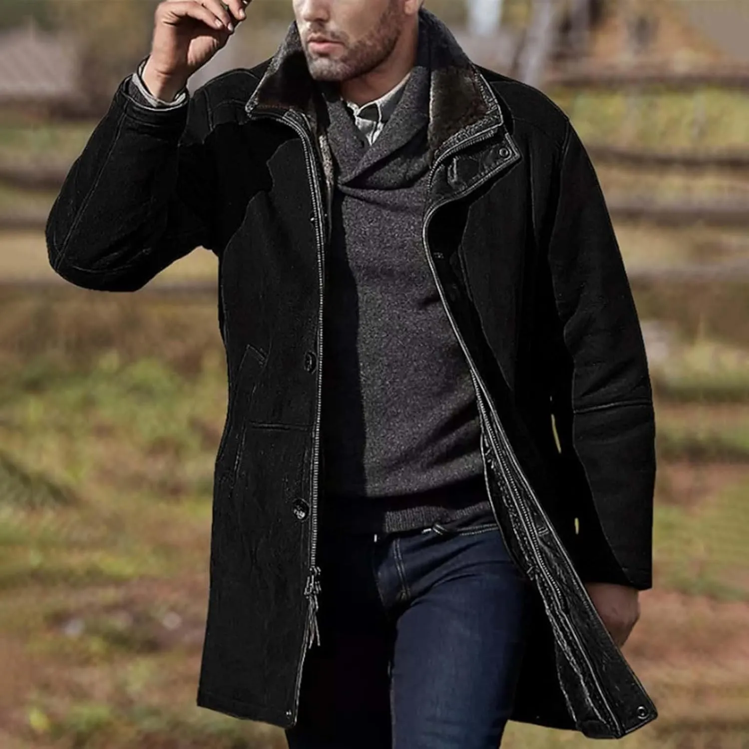 Mens Trench Coat Windbreaker Jackets Lapel Long Sleeve Padded Leather Jacket Vintage Long Pea Coat Winter Warm