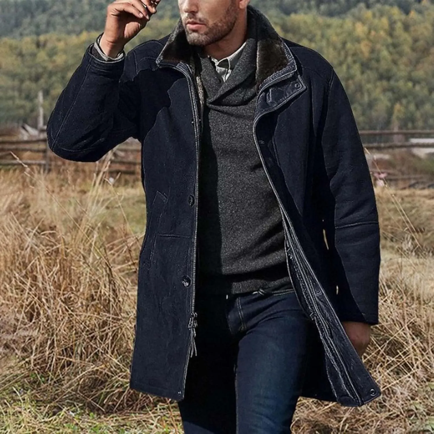 Mens Trench Coat Windbreaker Jackets Lapel Long Sleeve Padded Leather Jacket Vintage Long Pea Coat Winter Warm