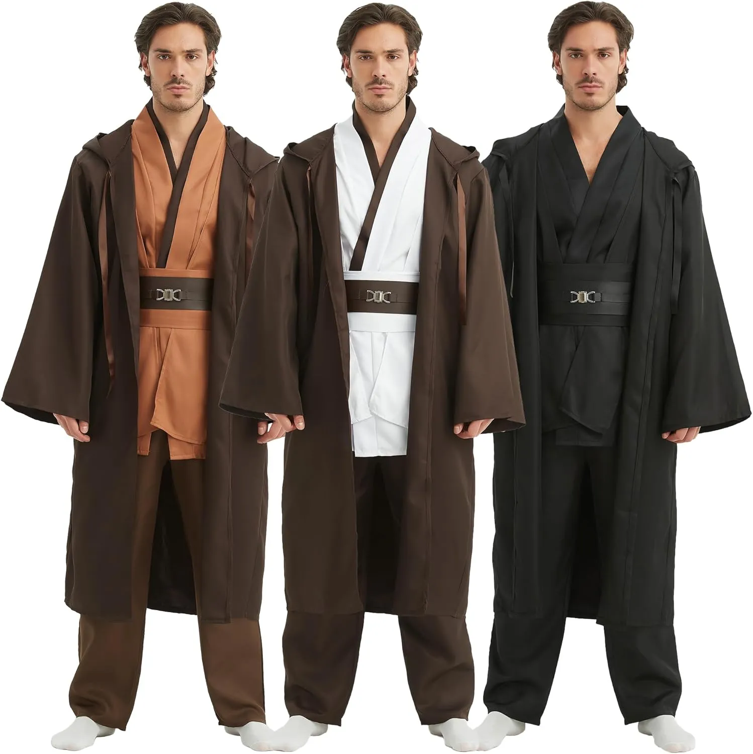 Men's Tunic Costumes Adult Tunic Hooded Robe Set Halloween Cosplay Costumes Knight Cloak With Pocket (Brown, XX-Large)