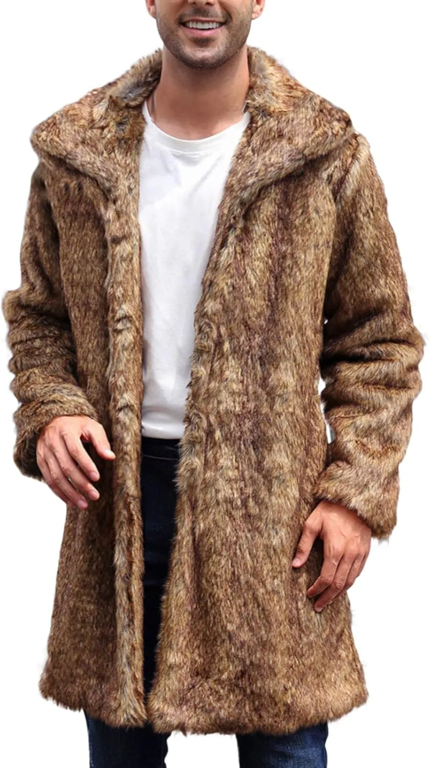 Men's Warm Thick Coat Jacket Faux Fur Fluffy Outwear Cardigan Winter Long Sleeve Overcoat Jacket Long Trench Coats