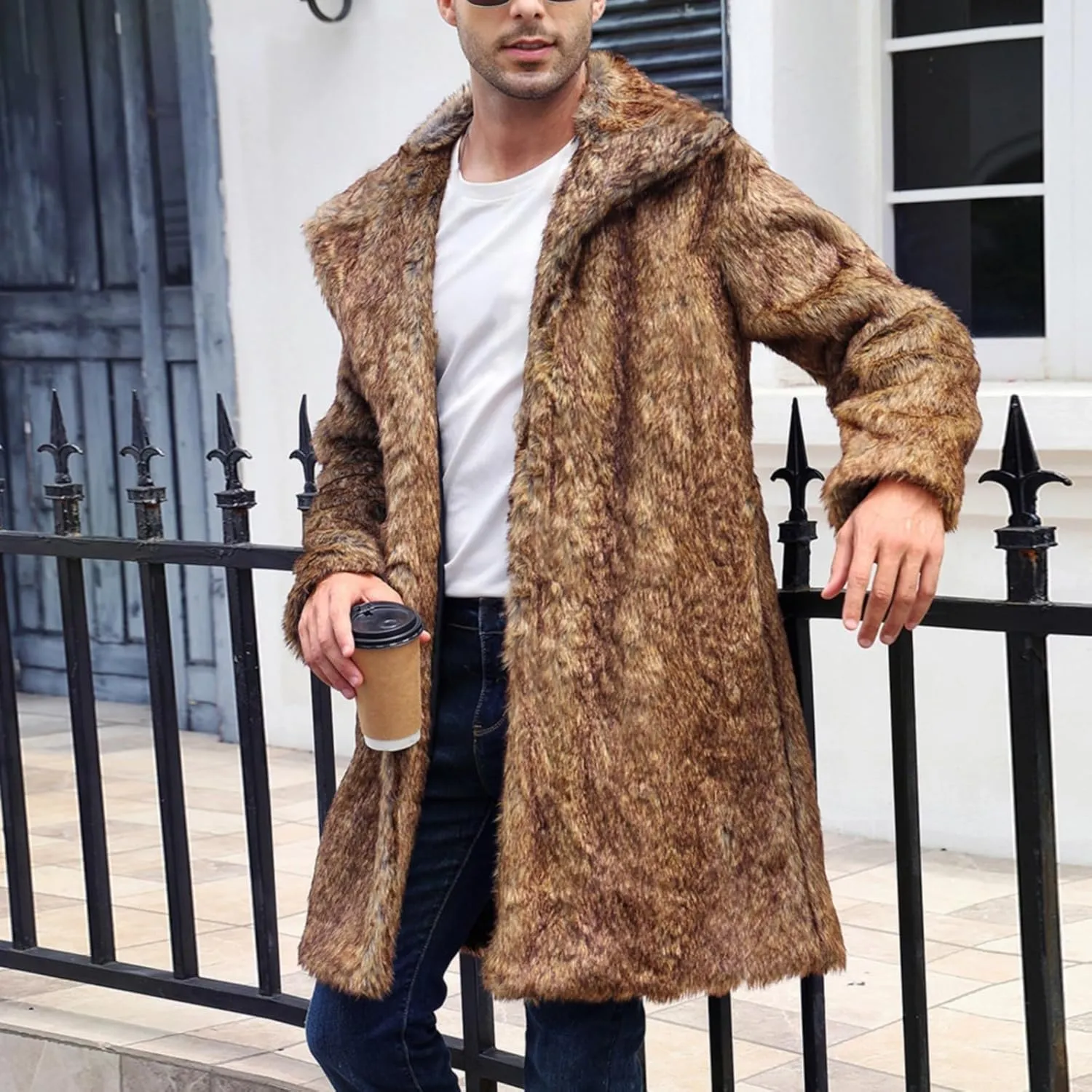 Men's Warm Thick Coat Jacket Faux Fur Fluffy Outwear Cardigan Winter Long Sleeve Overcoat Jacket Long Trench Coats