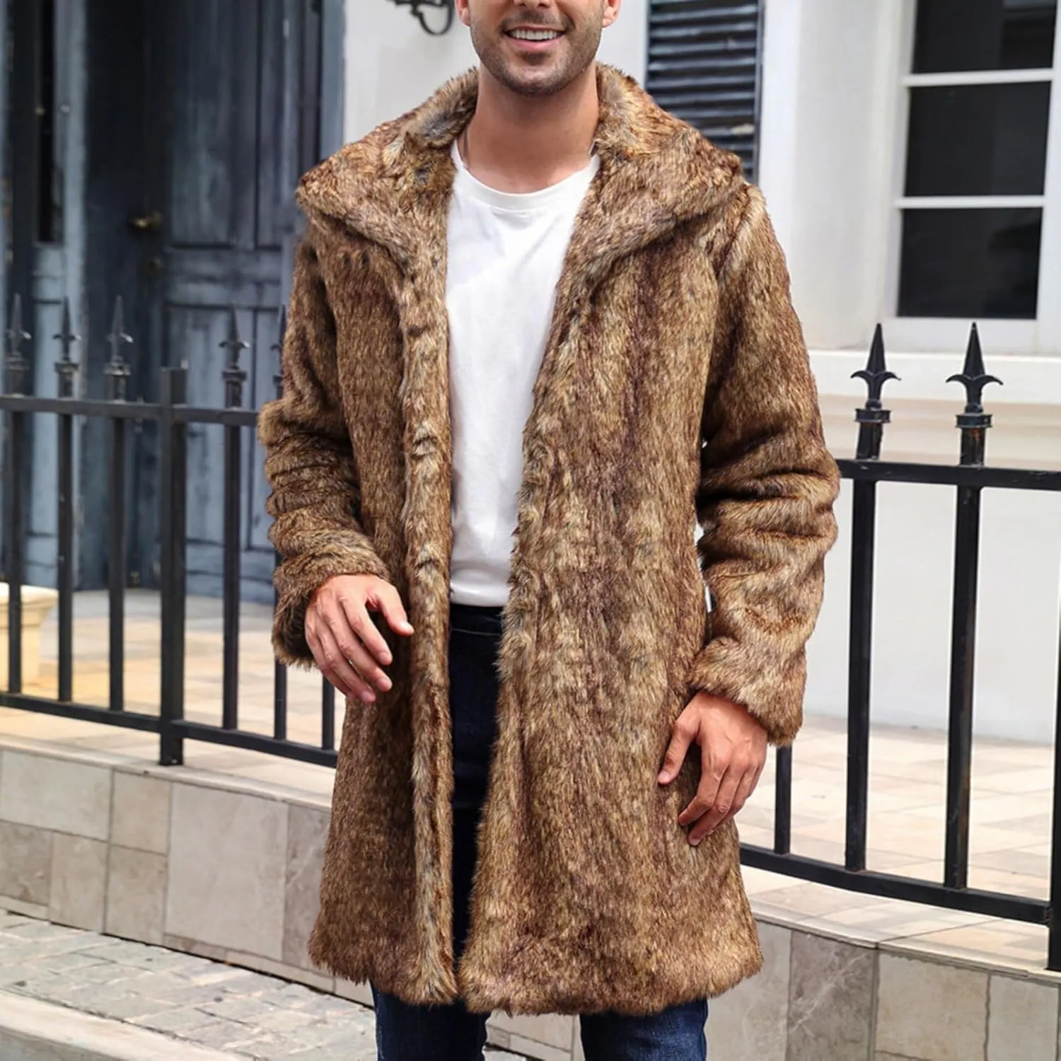 Men's Warm Thick Coat Jacket Faux Fur Fluffy Outwear Cardigan Winter Long Sleeve Overcoat Jacket Long Trench Coats