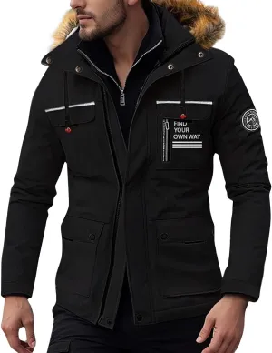 Men's Winter Solid Color Hooded Coat Waterproof Fleece Parka Thick Warm Parka Jacket with Faux Fur Removable Hood