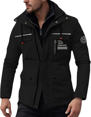 Men's Winter Solid Color Hooded Coat Waterproof Fleece Parka Thick Warm Parka Jacket with Faux Fur Removable Hood