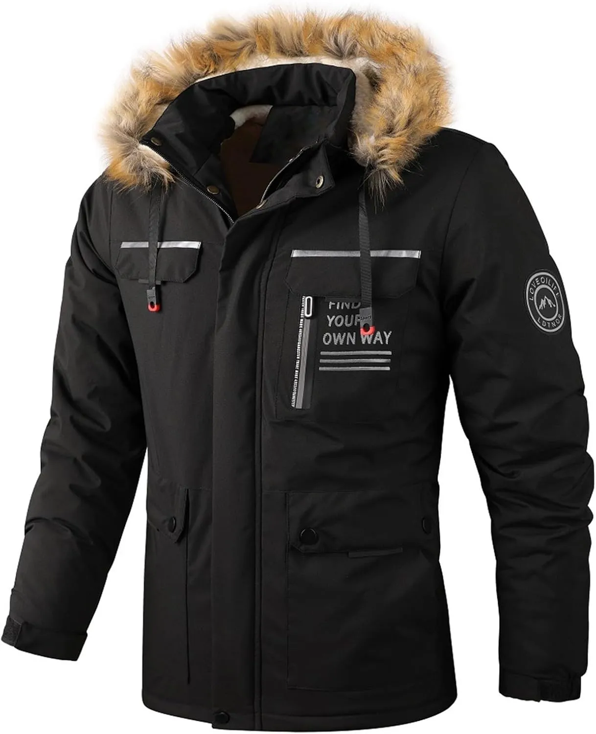 Men's Winter Solid Color Hooded Coat Waterproof Fleece Parka Thick Warm Parka Jacket with Faux Fur Removable Hood