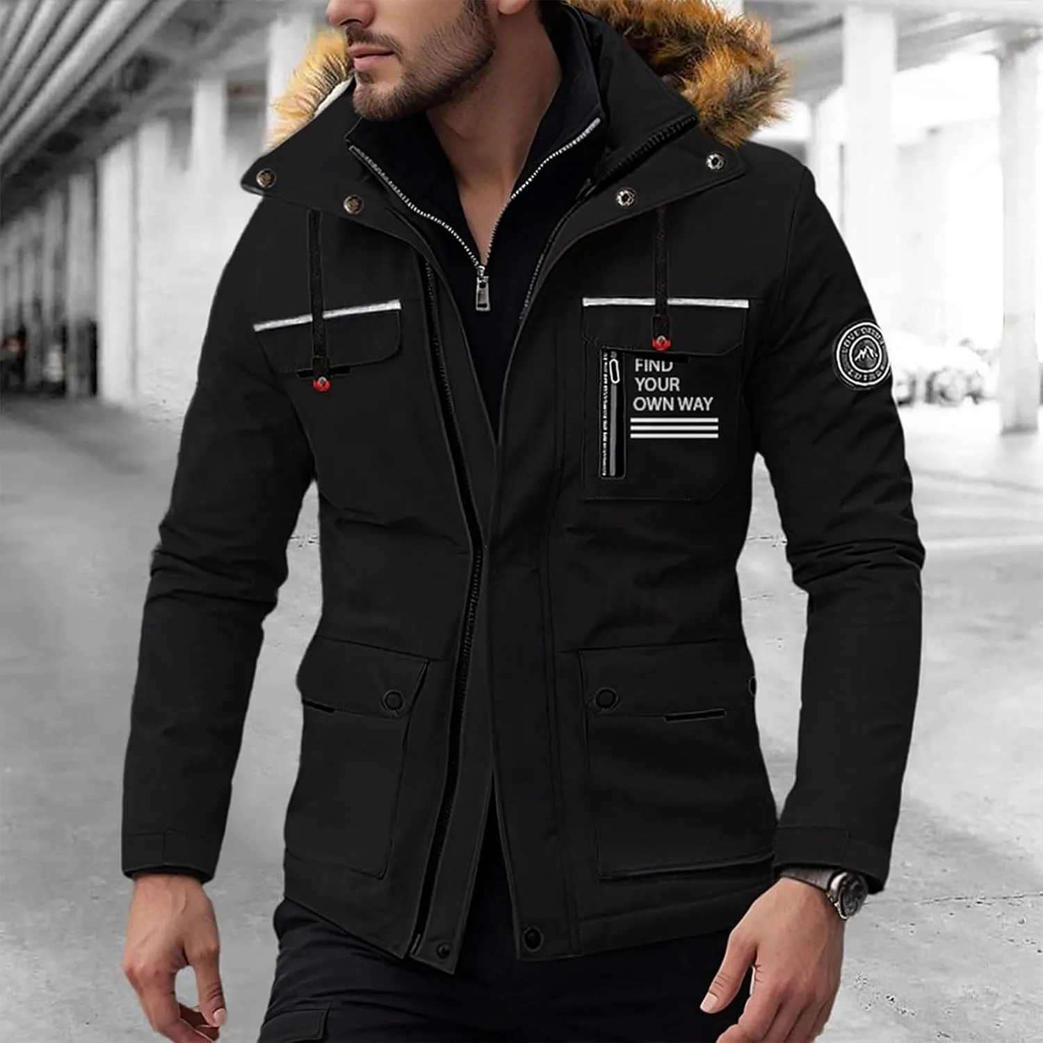 Men's Winter Solid Color Hooded Coat Waterproof Fleece Parka Thick Warm Parka Jacket with Faux Fur Removable Hood