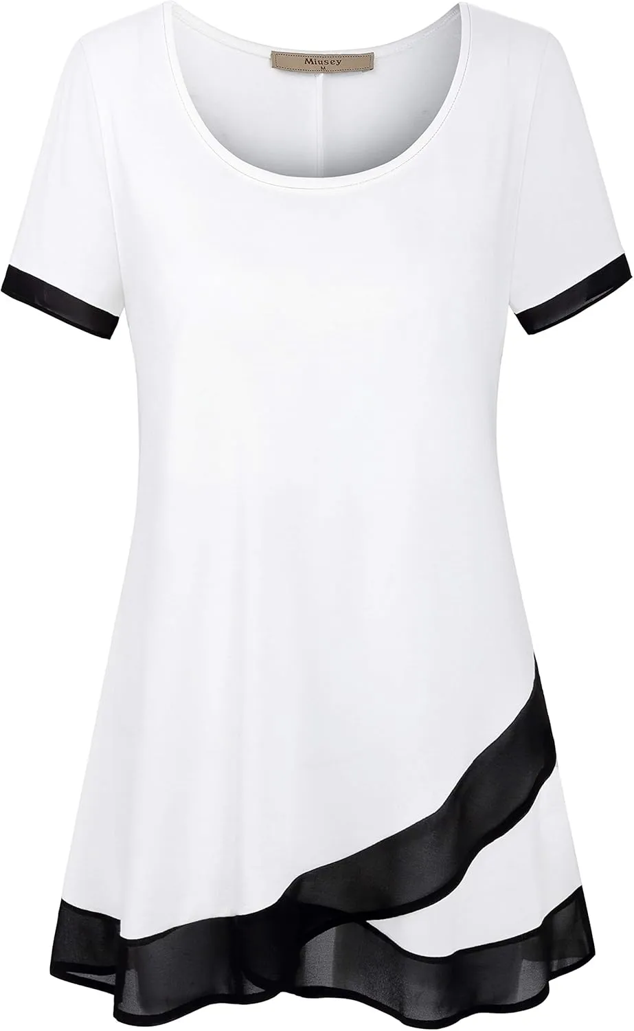 Miusey Womens Short Sleeve Tunic Tops Scoop Neck Asymmetrical Hem Tunics Chiffon Patchwork Flowy Tunic Shirts for Leggings