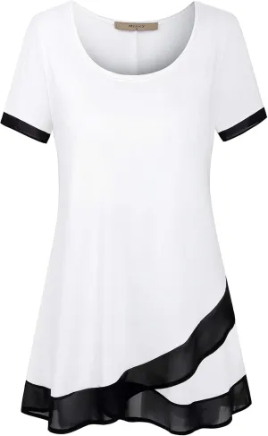 Miusey Womens Short Sleeve Tunic Tops Scoop Neck Asymmetrical Hem Tunics Chiffon Patchwork Flowy Tunic Shirts for Leggings