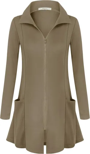 Miusey Womens Zip Up Tunic Sweatshirt Collar Neck Lightweight Long Jacket Cardigans