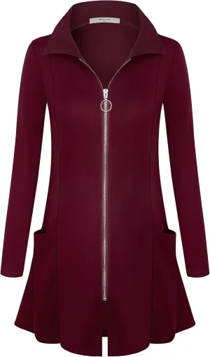 Miusey Womens Zip Up Tunic Sweatshirt Collar Neck Lightweight Long Jacket Cardigans