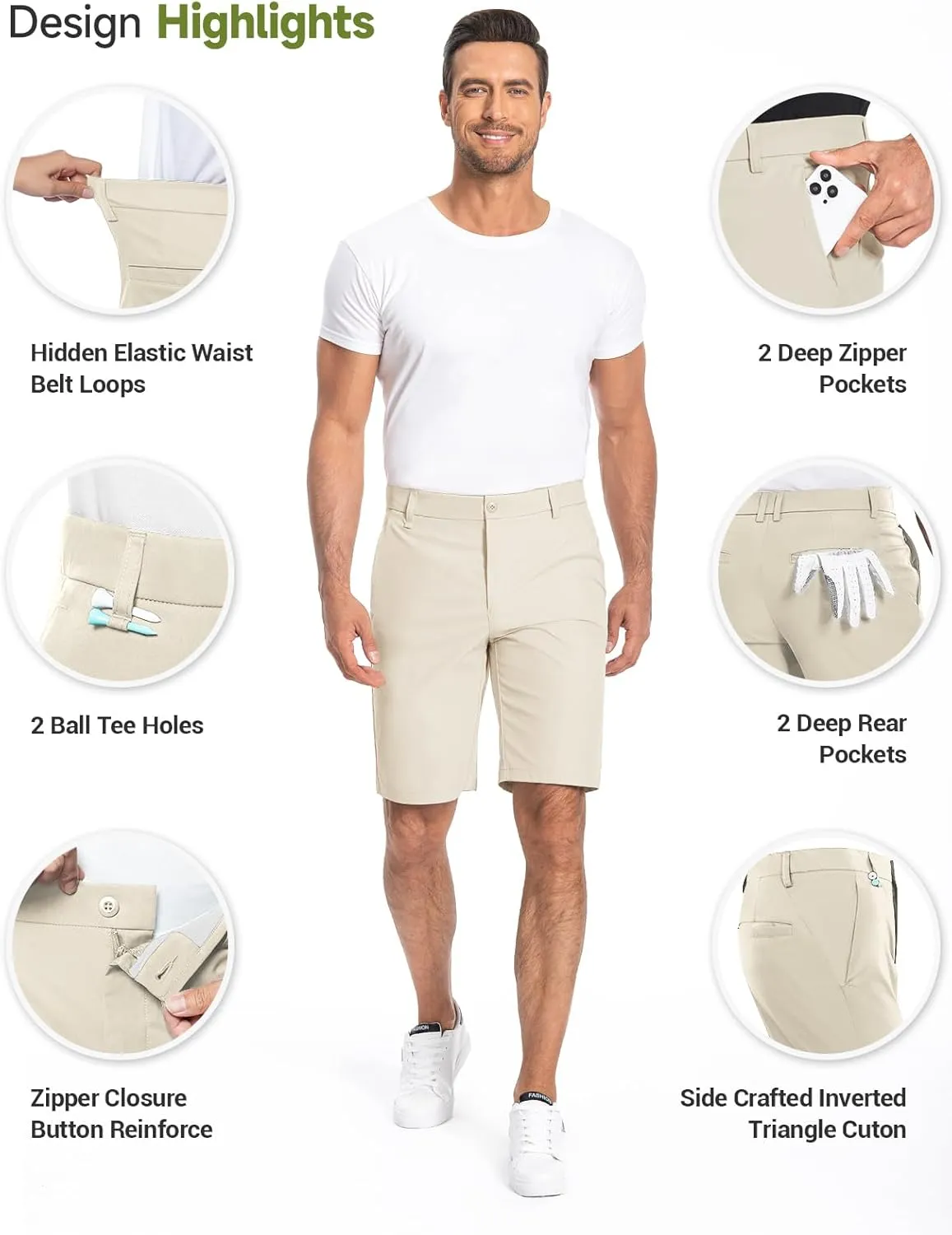 Moosehill Mens Golf Dress Casual Shorts 7" 10" Quick Dry Stretch Anti-Wrinkle Flat Front with 4 Pockets for Work Hybrid Chino