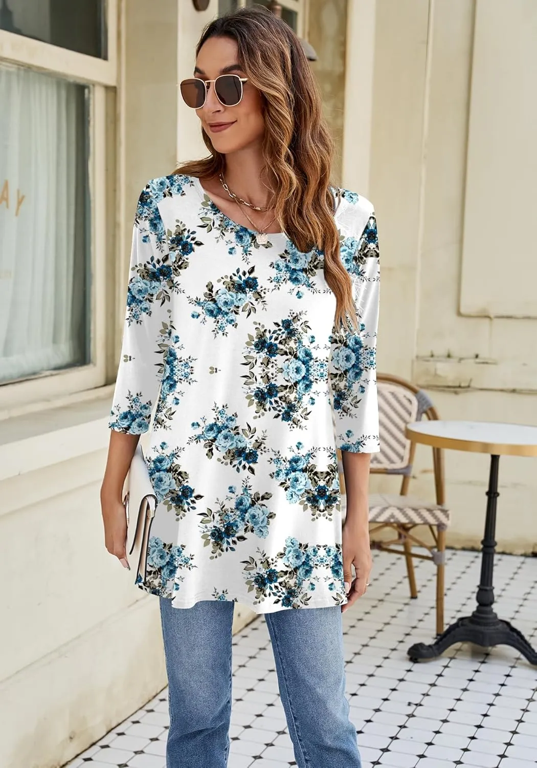 Naggoo Women's 3/4 Sleeve Crew Neck Swing Flare Loose Fit Casual Tunic Tops Tee Shirts M-3XL
