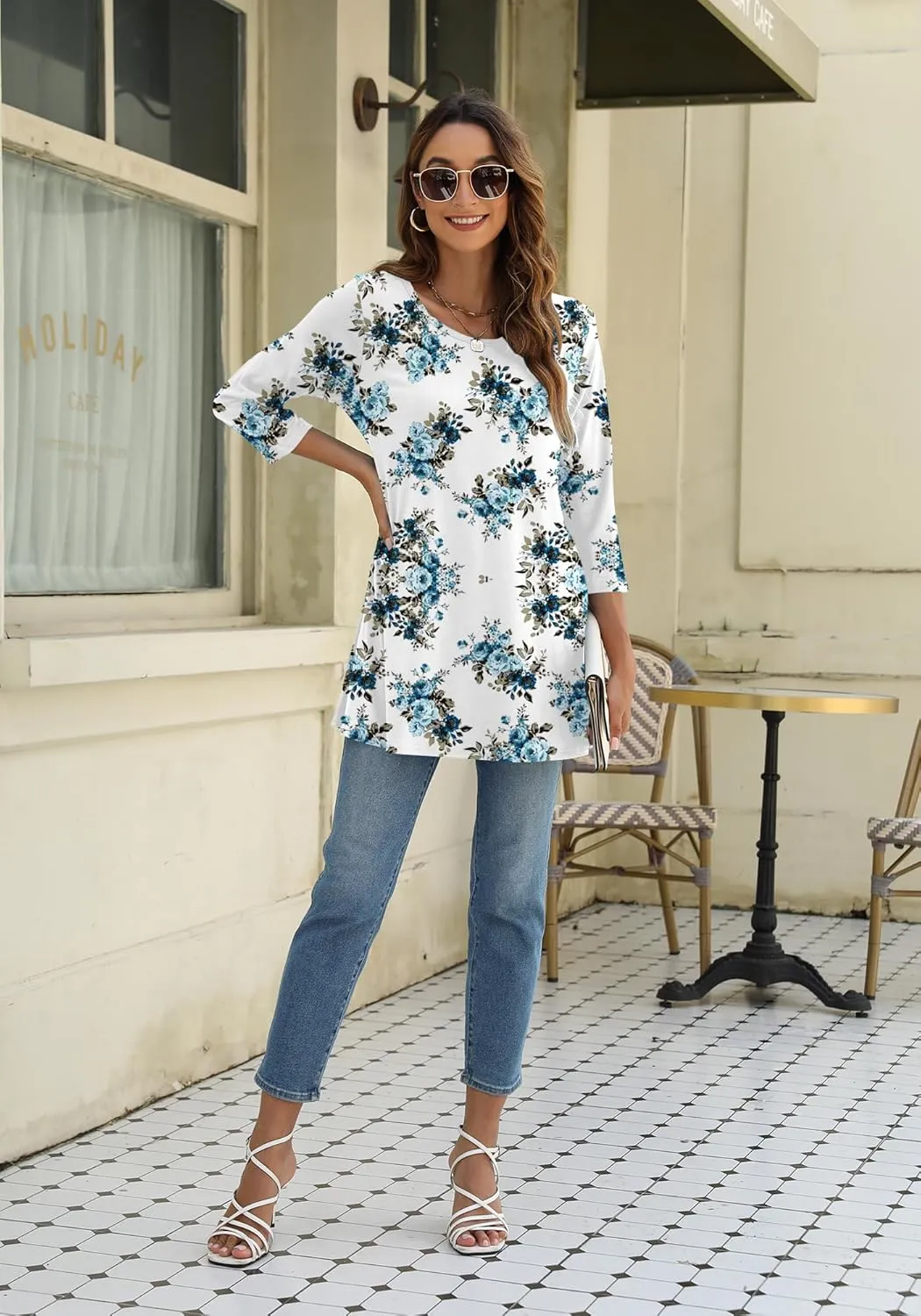 Naggoo Women's 3/4 Sleeve Crew Neck Swing Flare Loose Fit Casual Tunic Tops Tee Shirts M-3XL