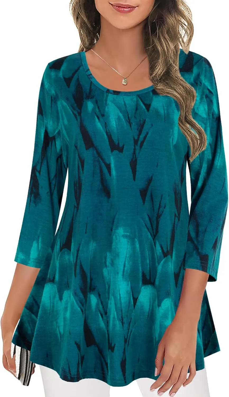 Nandashe Womens 3/4 Sleeves Floral Tunic Shirts Summer Casual Dressy Blouse Tops