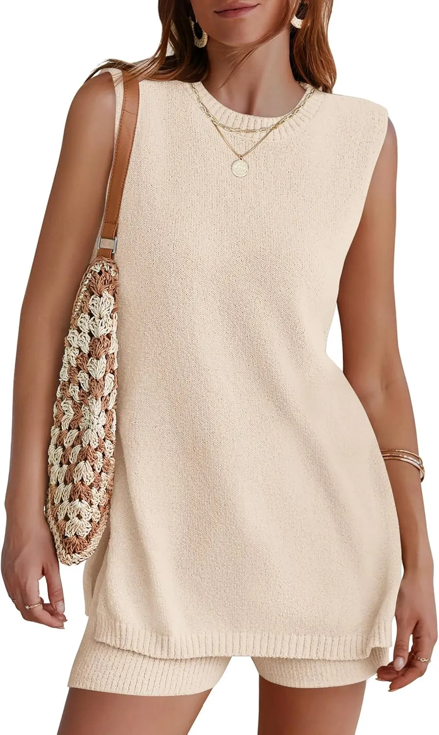 NENONA Women's Summer Sleeveless Sweater Lounge Sets Casual Loose Fit Tunic Tops and Shorts 2 Piece Beach Vacation Outfits