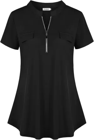 Ninedaily Women's Summer Tops Short Sleeve Casual Blouse Zip Floral Tunic Shirts