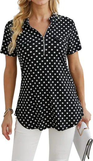 Ninedaily Women's Summer Tops Short Sleeve Casual Blouse Zip Floral Tunic Shirts