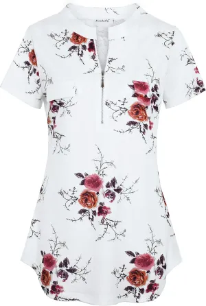 Ninedaily Women's Summer Tops Short Sleeve Casual Blouse Zip Floral Tunic Shirts