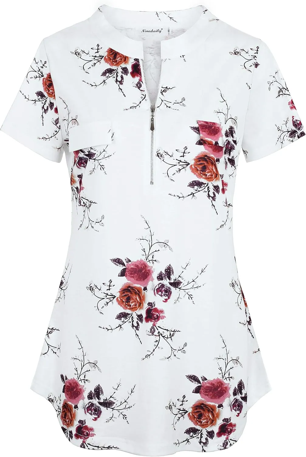 Ninedaily Women's Summer Tops Short Sleeve Casual Blouse Zip Floral Tunic Shirts
