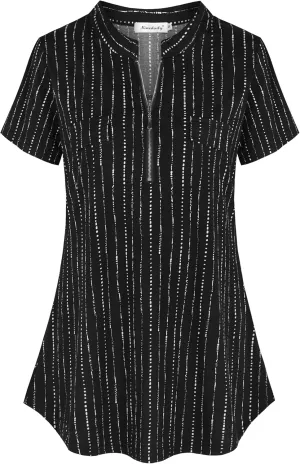 Ninedaily Women's Summer Tops Short Sleeve Casual Blouse Zip Floral Tunic Shirts