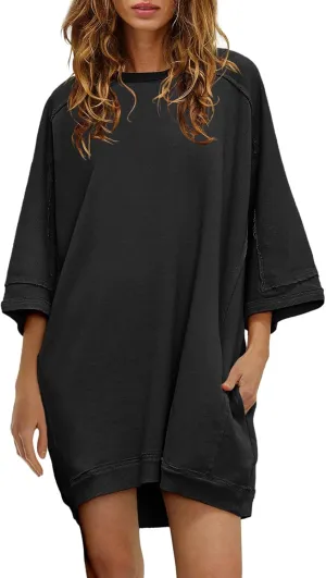 Nirovien Women's Oversized Sweatshirt Dress 3/4 Sleeve Crewneck Tunic Sweatshirts Casual Long Pullover with Pockets