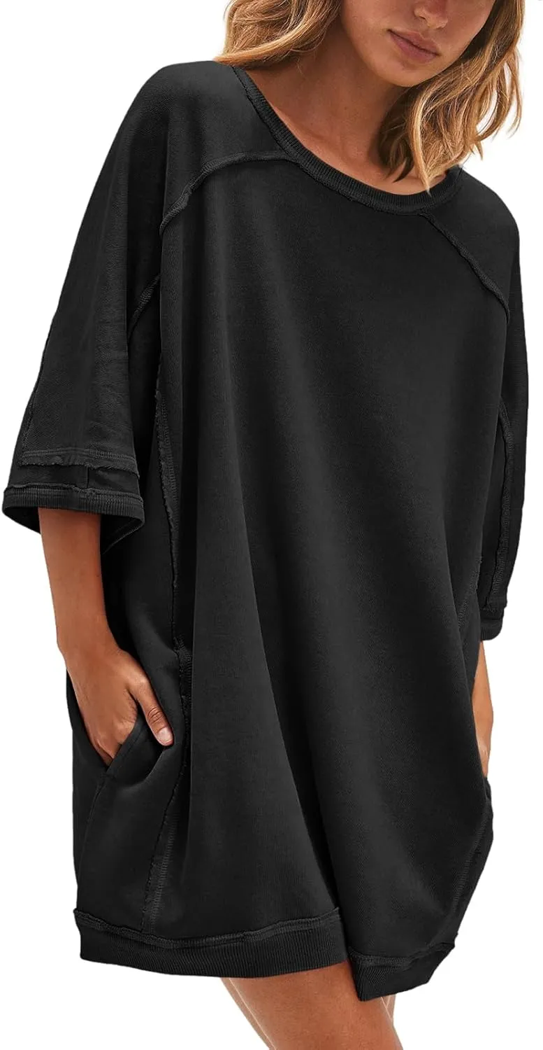 Nirovien Women's Oversized Sweatshirt Dress 3/4 Sleeve Crewneck Tunic Sweatshirts Casual Long Pullover with Pockets