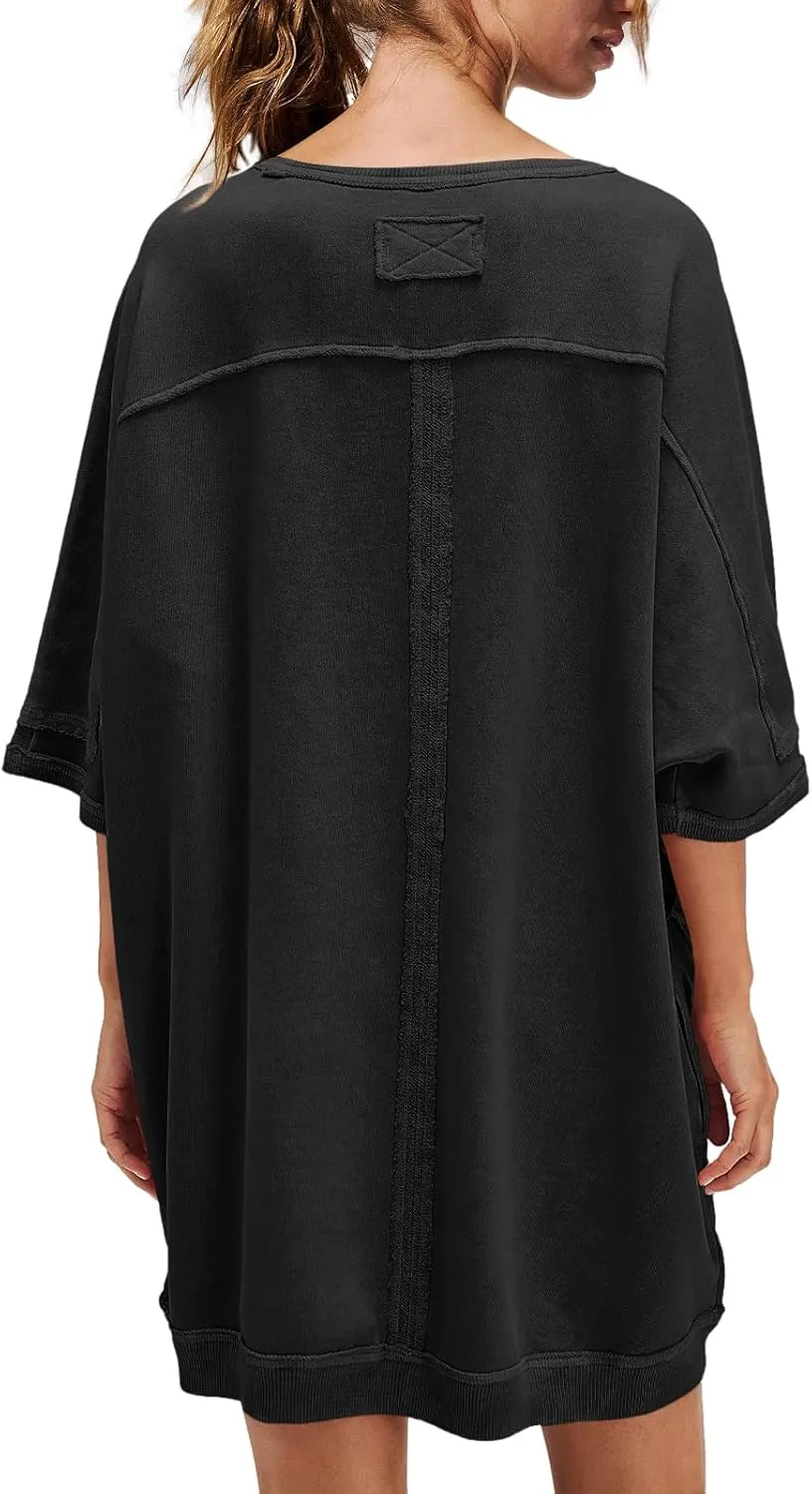 Nirovien Women's Oversized Sweatshirt Dress 3/4 Sleeve Crewneck Tunic Sweatshirts Casual Long Pullover with Pockets