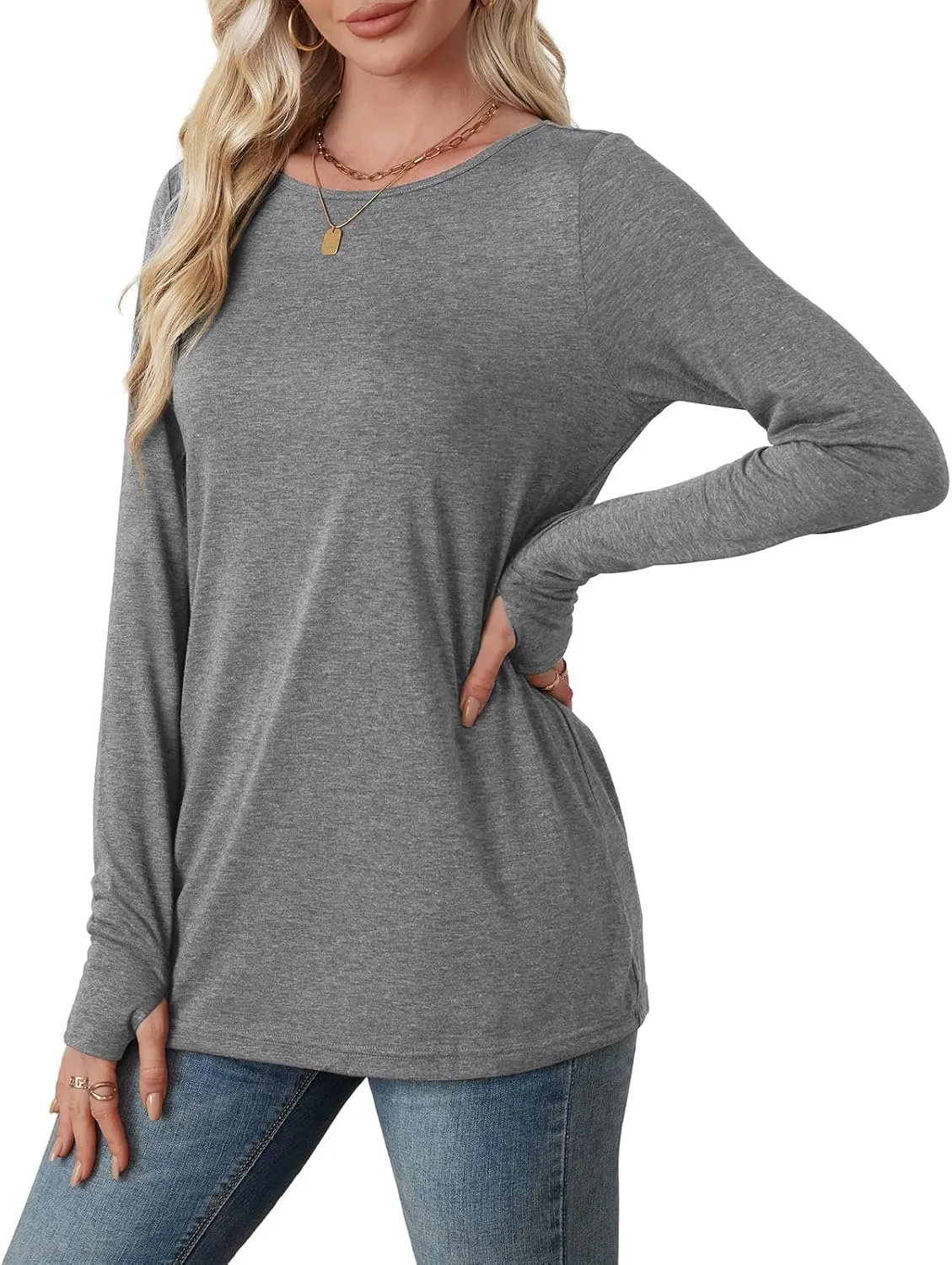 OFEEFAN Long Sleeve Shirts for Women Tunic Tops Thumb Hole Oversized Tshirts Fall Outfits