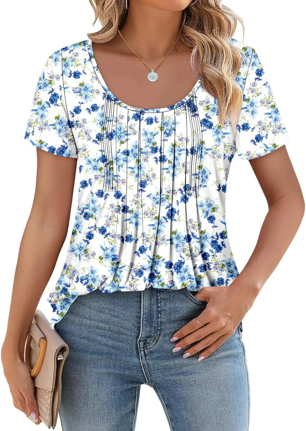 onlypuff Womens Flowy Tunic Tops Short Sleeve Shirts Round Neck Ladies Blouses Summer Fashon Trendy Top