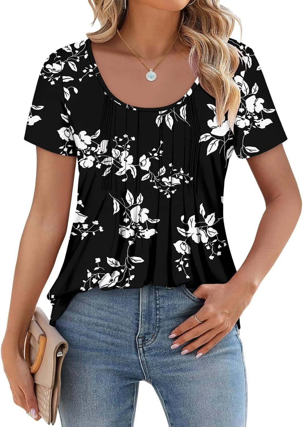 onlypuff Womens Flowy Tunic Tops Short Sleeve Shirts Round Neck Ladies Blouses Summer Fashon Trendy Top