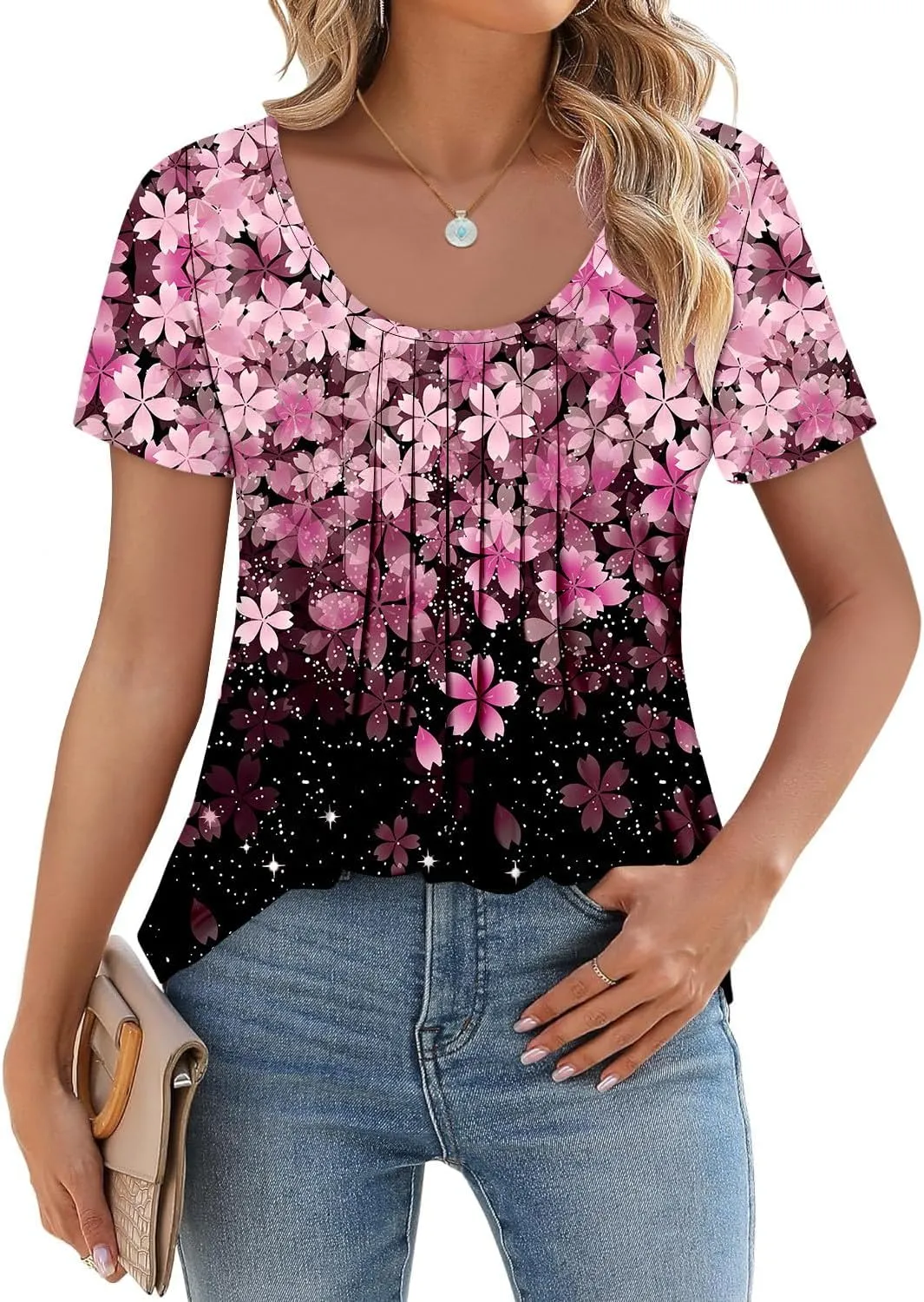 onlypuff Womens Flowy Tunic Tops Short Sleeve Shirts Round Neck Ladies Blouses Summer Fashon Trendy Top