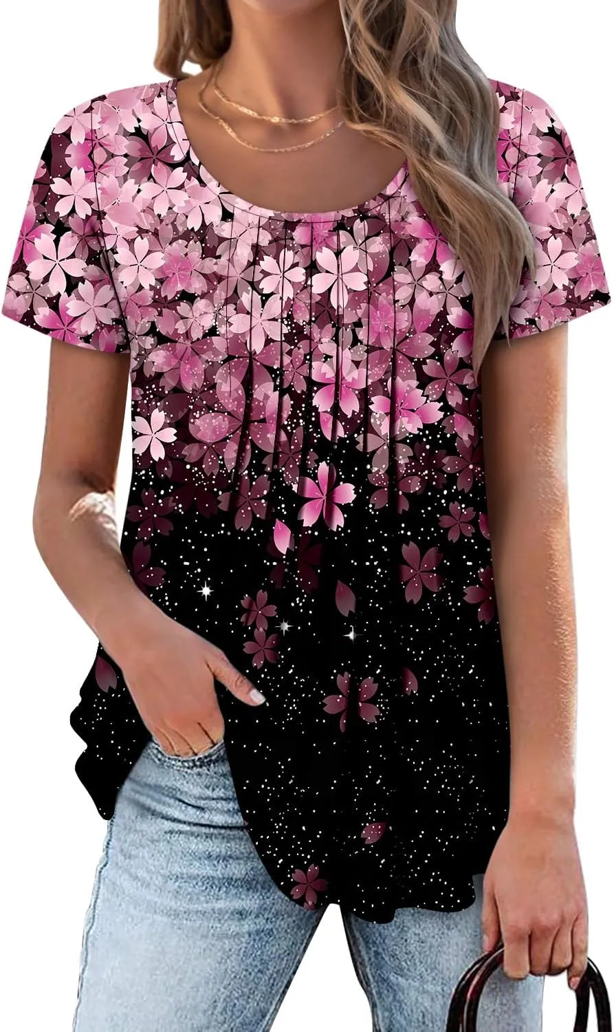 onlypuff Womens Flowy Tunic Tops Short Sleeve Shirts Round Neck Ladies Blouses Summer Fashon Trendy Top