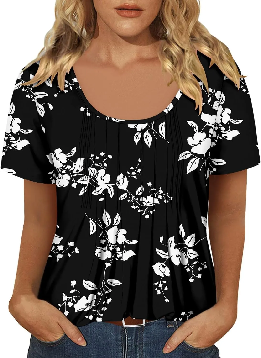 onlypuff Womens Flowy Tunic Tops Short Sleeve Shirts Round Neck Ladies Blouses Summer Fashon Trendy Top