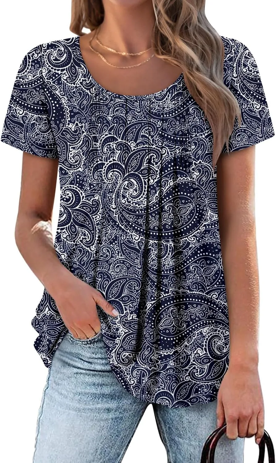 onlypuff Womens Flowy Tunic Tops Short Sleeve Shirts Round Neck Ladies Blouses Summer Fashon Trendy Top