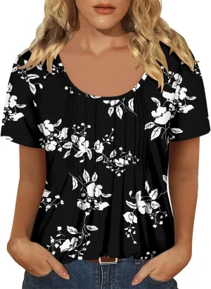 onlypuff Womens Flowy Tunic Tops Short Sleeve Shirts Round Neck Ladies Blouses Summer Fashon Trendy Top