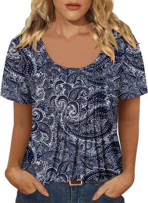 onlypuff Womens Flowy Tunic Tops Short Sleeve Shirts Round Neck Ladies Blouses Summer Fashon Trendy Top