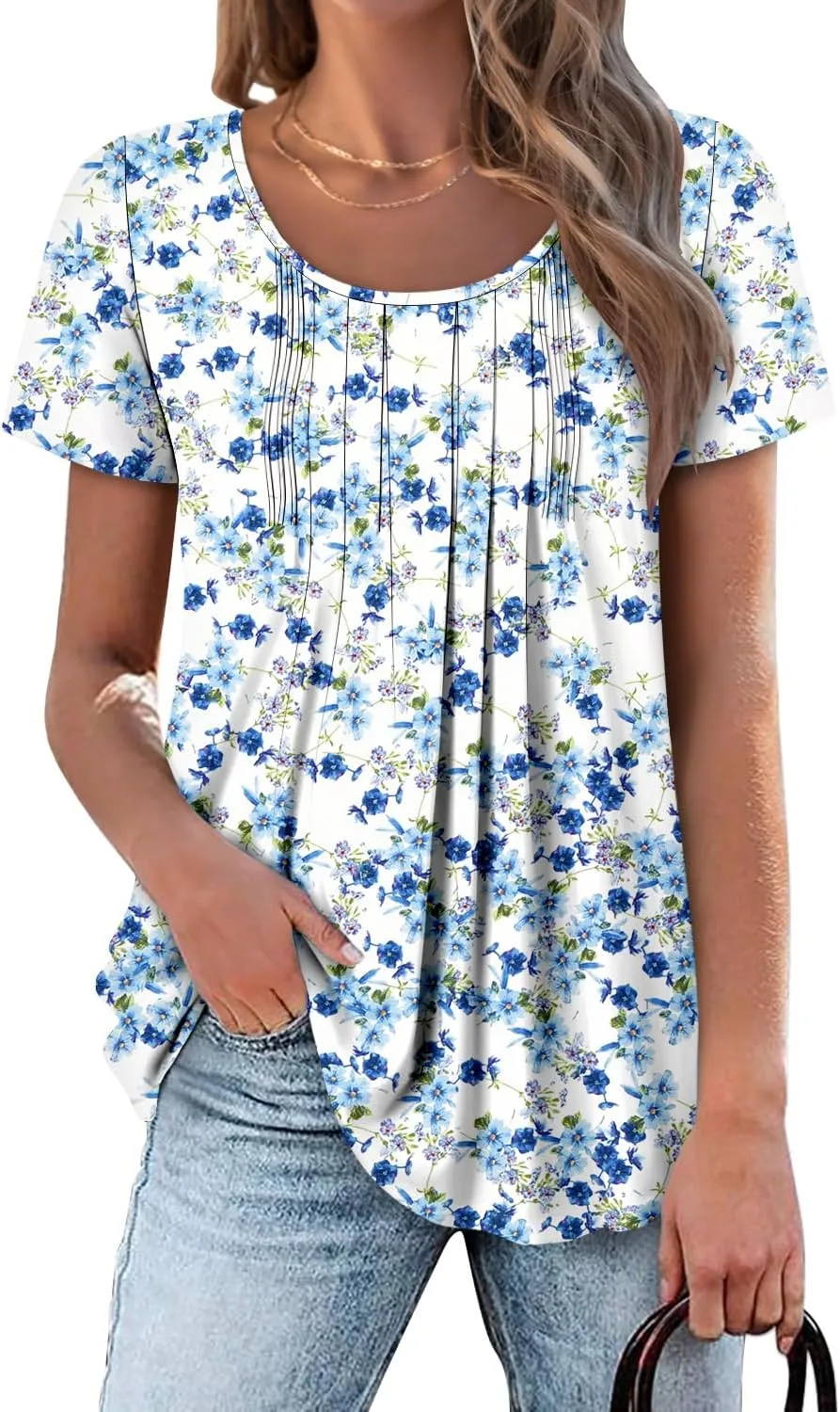 onlypuff Womens Flowy Tunic Tops Short Sleeve Shirts Round Neck Ladies Blouses Summer Fashon Trendy Top