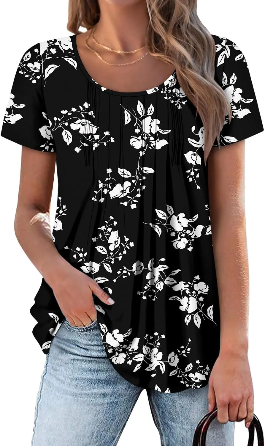 onlypuff Womens Flowy Tunic Tops Short Sleeve Shirts Round Neck Ladies Blouses Summer Fashon Trendy Top