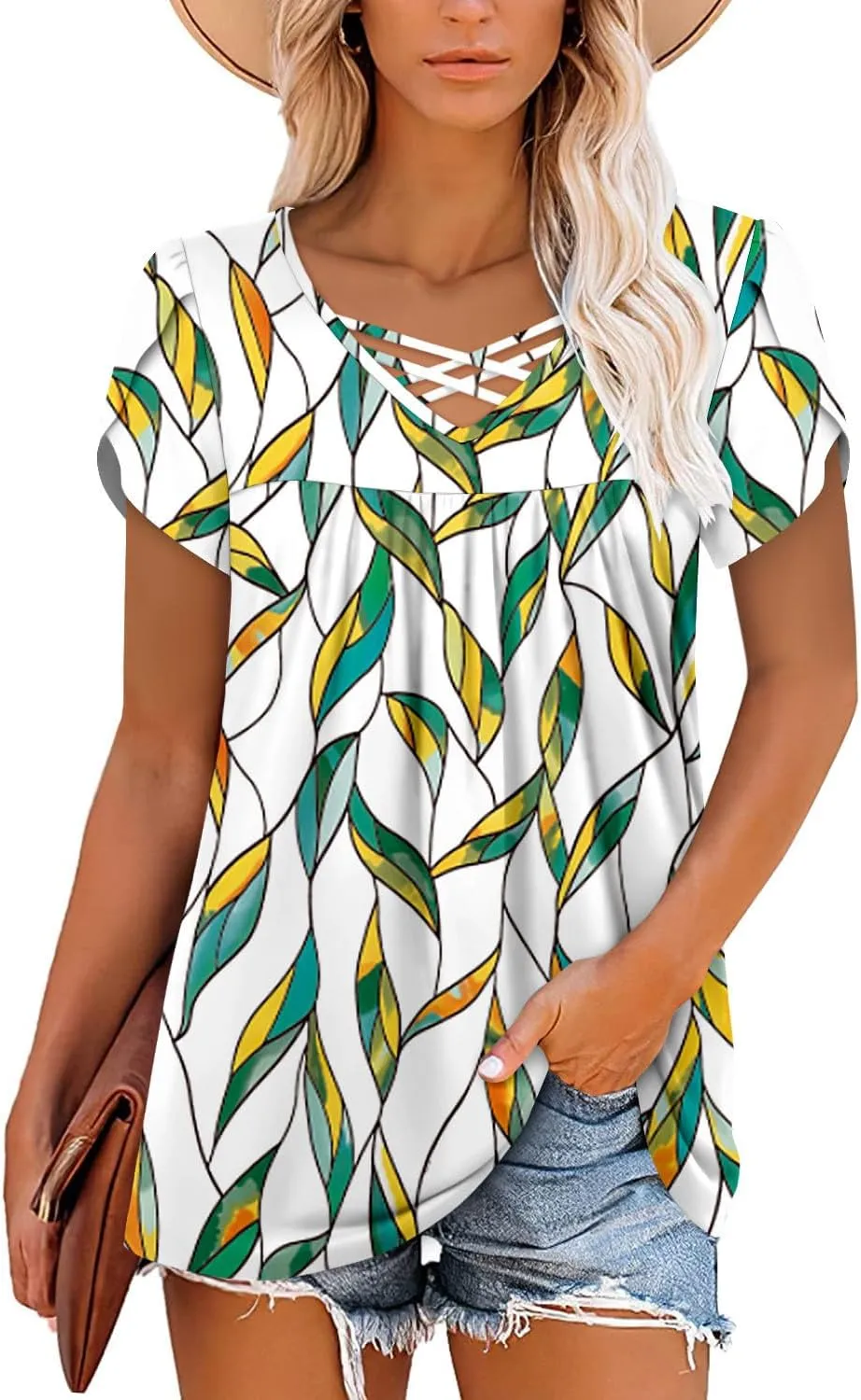 onlypuff Womens Tops Short Sleeve Shirts for Women V Neck Summer Tunic Tops Ladies Blouses Casual Loose Fit