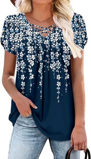 onlypuff Womens Tops Short Sleeve Shirts for Women V Neck Summer Tunic Tops Ladies Blouses Casual Loose Fit