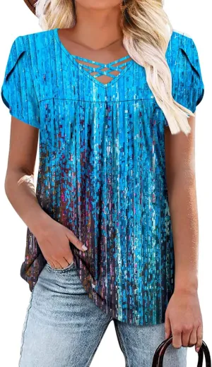 onlypuff Womens Tops Short Sleeve Shirts for Women V Neck Summer Tunic Tops Ladies Blouses Casual Loose Fit